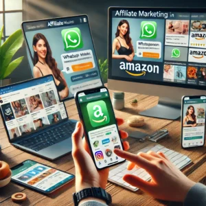 Illustration of trending business affiliate marketing through WhatsApp, Amazon, Instagram, and Facebook platforms